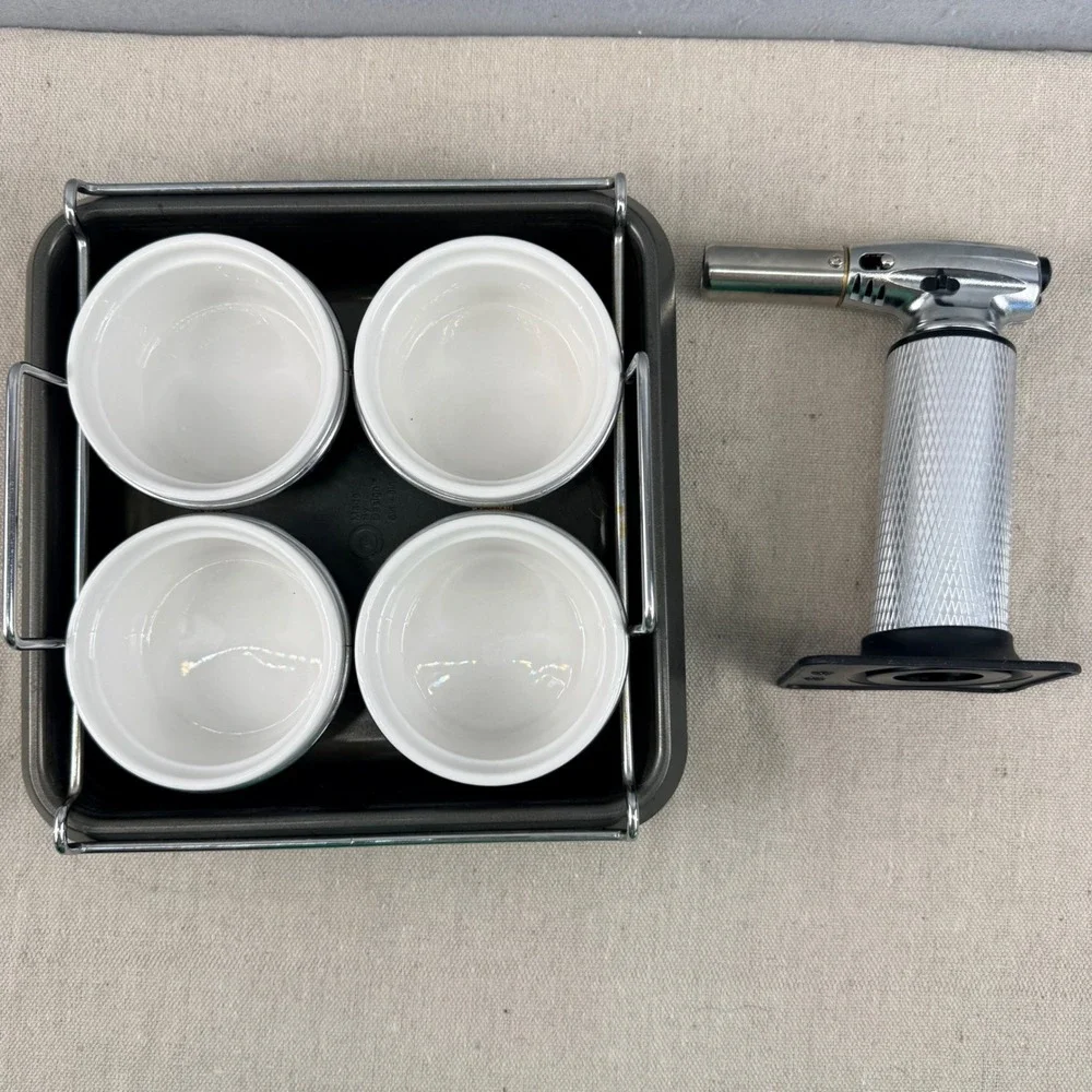 Chicago Metallic Creme Brulee Set 4 Ramekins 8x8 Pan Rack‎ Kitchen Torch